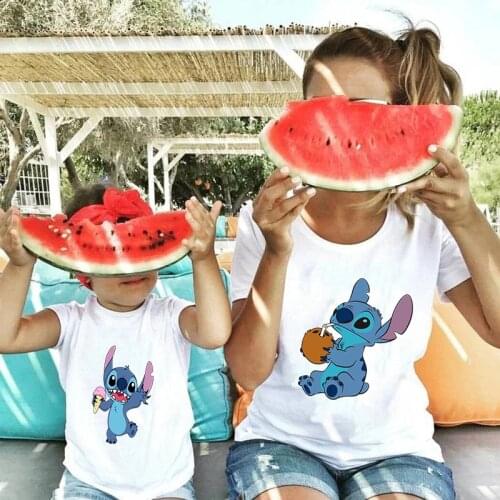 Family Clothes Fashion T-shirt Lilo Stitch Harajuku Kawaii Tshirt Lovely Cartoon Print Casual Short Sleeve Women Cute Casual Top
