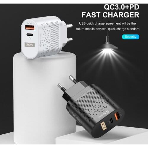 2 Port Fast Charging PD 20W Quick Charge 3.0 USB Phone Charger USB-A+Type-C for iPhone 12 11 XS Samsung Power Adapter US/EU/UK