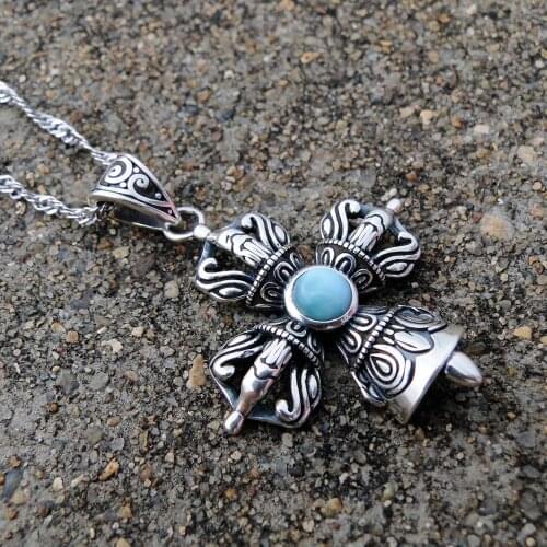 Antique Vintage Silver Jewelry Blue Natural Larimar fleur-de-lis Pendant in 925 Sterling Silver