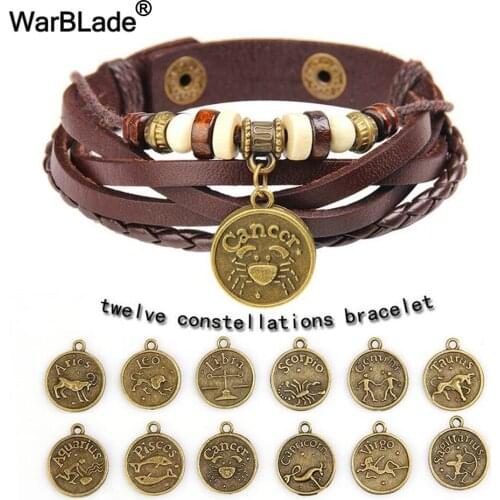 WarBLade 2018 New 12 Constellations Bracelets Bangles Fashion Leather Zodiac Signs Bracelet Men Punk Wristband Charm Jewelry
