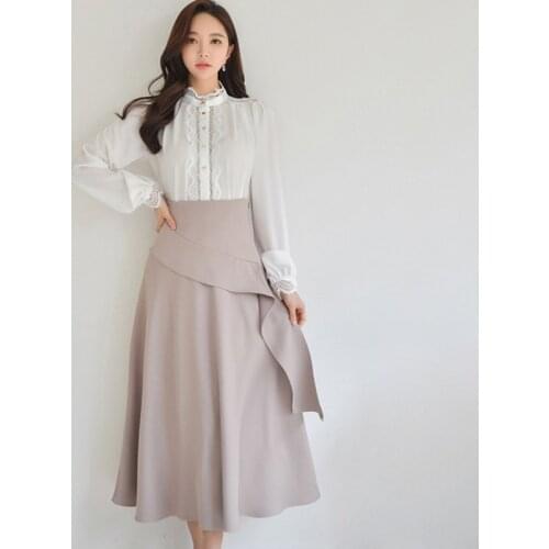 New Spring Elegant Womens Stand Collar White Lace Patchwork Lantern Sleeve Blouse Shirt & Hight Waist Ruffles Skirt 2 Piece Set