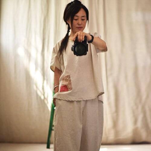 Women Loose Cotton Linen Patchwork V Neck Summer T-shirt Shirts Female Vintage Spliced Short Sleeve Tees Tops Ladies Shirt 2020