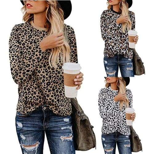 Female Cotton Blend T-shirt Tops Autumn Fashion Casual Women Leopard Print Round Neck Long Sleeve Top for Women clothes