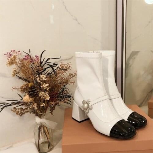 Winter Ankle Women Boots Patent Leather 7cm High Heels Mixed Color With Rhinestone Flower Sweet Ladies Shoes High Quality 2020
