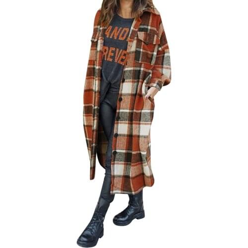 Women Fashion Retro Plaid Print Long Sleeve Lapel Long Jacket Trench Coat Ladies Autumn Winter Harajuku Vintage Style Outwear
