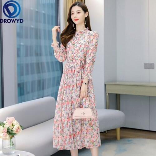 Bohemian Vacation Slim Waist Printing Dress Women Sweet Pink Chiffon Long Maxi Dresses Autumn Lace-up Ruffles Sleeve Party Dress