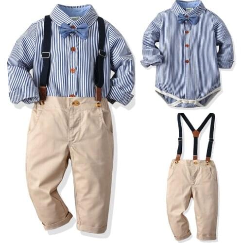 2020 Baby Boy Gentleman Clothes Set Bow Tie Rompers + Strap Pants Kids Boys Suspenders Childrren Birthday Party outfit Overall