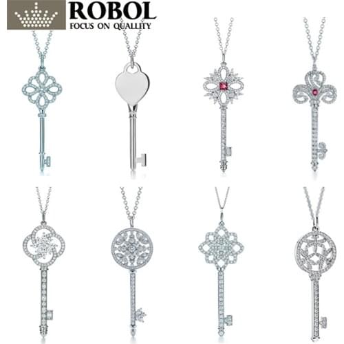 46 Original 925 Sterling Silver Classic Rhinestone Key Pendant Necklace with Original Engraved Womens Jewelry Free Shipping