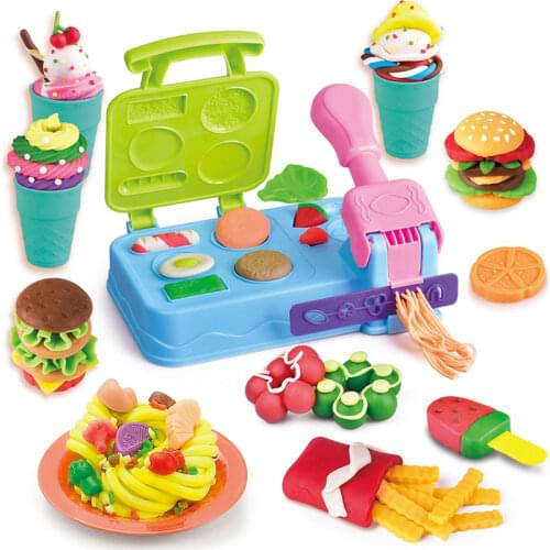 Kids Play Dough Color Clay Creative 3D Educational Toys Hamburger Plasticine Noodle Machine Cone Mold Kitchen Set Children Toys