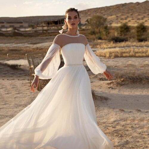 Elegant A-Line Wedding Dress Scoop Neckline Puff Sleeves Beading Pearls Belt Tulle Bridal Gown Sexy See Through Brides Dress