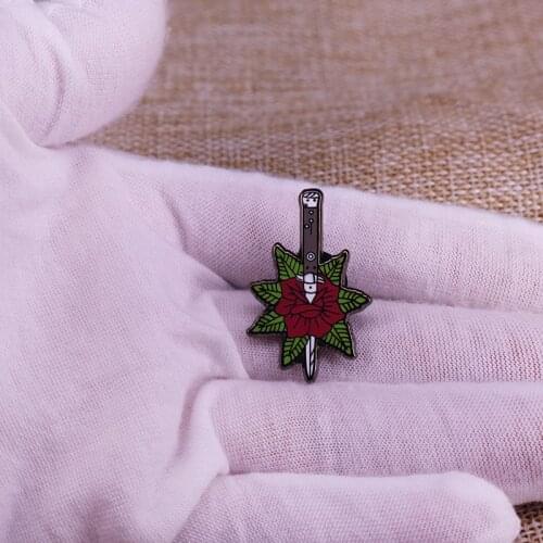 Red Flower Green Leaf Dagger Enamel Pin Violent Brooch For Collection Badge