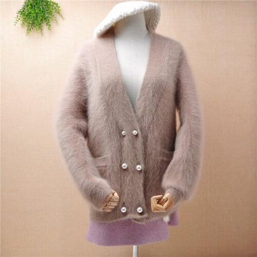 Female women winter warm mink cashmere deep v-neck long sleeves loose cardigans button angora rabbit fur jacket coat sweater top