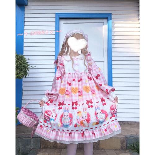 "Rabbit Afternoon Tea"Sweet Womens Lolita OP Dress Long Sleeve Dress Peter Pan Collar Bows Trim One Piece Dress 4 Colors