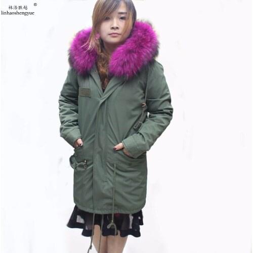 Linhaoshengyue 2017 Winter Fashion Parka Coat Real Raccoon Fur Lining Winter Warm Essential Single Product
