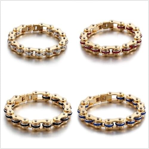 9mm Fashion 316L Stainless Steel Gold Motor Biker Chain Charms White/Black/Red/Blue Rhinestone Men Women Bracelet Wristband 8"