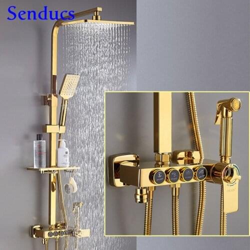 Bathroom Shower Set Square Gold Thermostatic Bath Shower System Square Brass Bathroom Shower Faucet Gold Digital Shower Sets