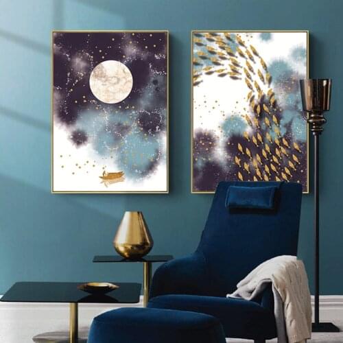 Night View of Lake Moon Boat and School of Fish Wall Poster New Chinese Style Landscape Abstract Canvas Print Painting Art Pictu