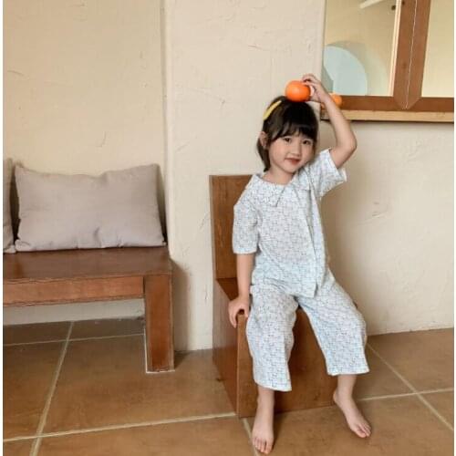 2021 new cotton girls boys 2 pcs set summer printed shirt+long pants cool soft kids pajama suit