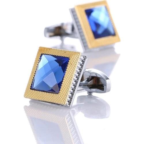 New Mens Cufflinks Square Double Color Blue Rhinestones Crystal Cuff Links Men French Shirt Cuffs Sleeve Buttons Jewelry Gifts