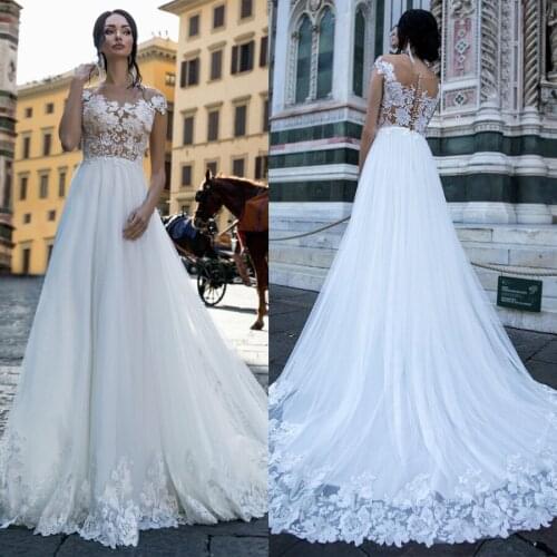 See Through Applique Lace A-line Wedding Dress vestido de novia princesa Court Train Bridal Dress Long