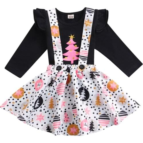 2 Pcs Newborn Christmas Outfits, Toddler Fly Sleeve Round Neck T-shirt + Dot Star Print Suspender Skirt