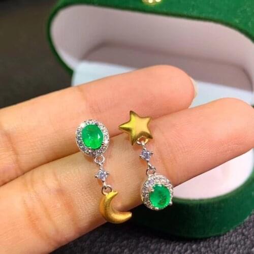 Personality star moon natural green Emerald drop earrings Natural gemstone earrings 925 silver girl women party gift jewelry