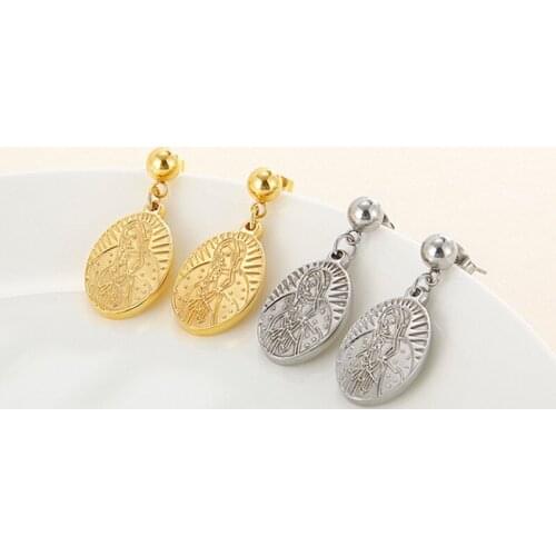 Temperament Engraved Virgin Mary Earrings for Women Guadalupe Medal Boucle D’oreille Our Lady Jewelry Accessories