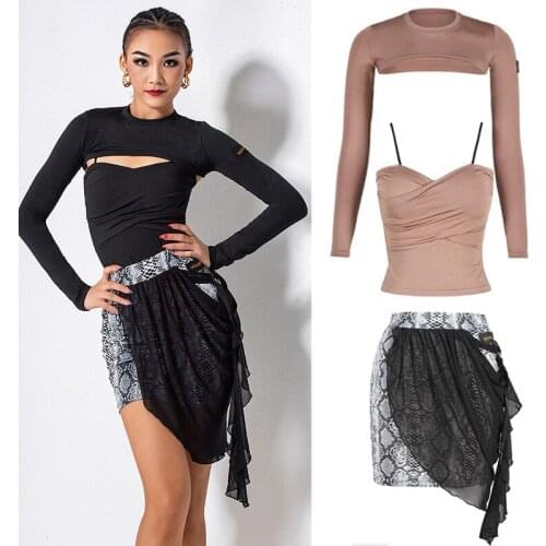 2021 Sexy Waistcoat Sling Dancing Top Diagonal Mesh Ruffled Latin Skirt Ballroom Dance Costume Skirts Practice Clothes SL5464