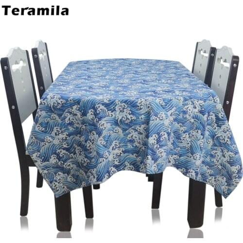 Teramila Sea Wave With Golden Side Rectangle Dining Table Cloth Thick Cotton Linen Table Cover Mat For Home Party Mantel Wedding