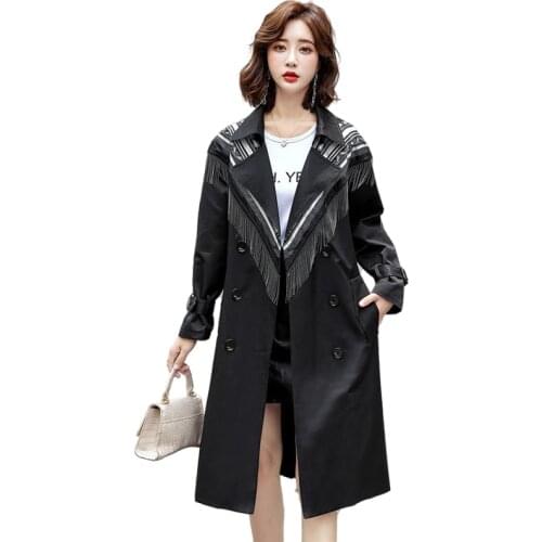 High-end womens autumn trench coat british style back Tassel design slim fit belted long windbreaker women