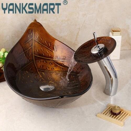 YANKSMART Bathroom Wash Basin Washroom Tempered Glass Basin Leaf Shape Sink Red Painting Tap Brass Waterfall Vessel Vanity Set