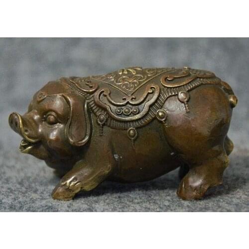 YM 316 Folk China Bronze Copper Wealth Zodiac Year Cai Fu Happy Pig Statue Sculpture