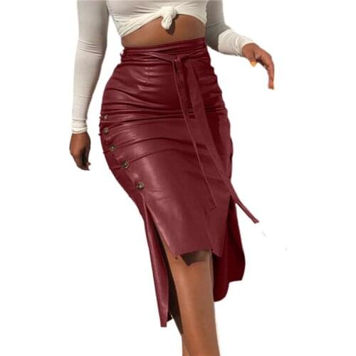 2021 New Womens Faux Leather Midi Skirt High Waist Button Trim Solid Color Slit Bodycon Pencil Skirt with Belt
