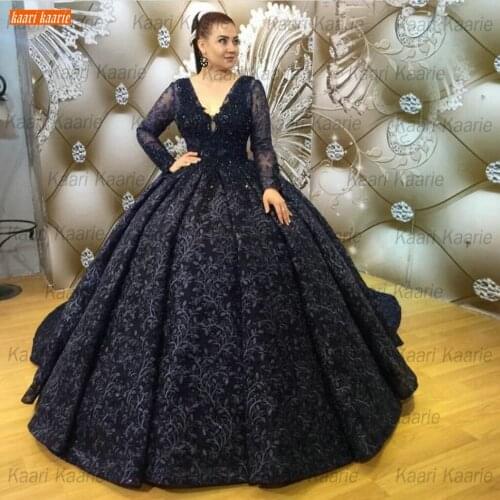 Dubai Dark Navy V Neck Evening Gowns Long Sleeve 2020 Lace Up Ball Gown Women Dresses Formal Party Custom Made Vestidos De Noite