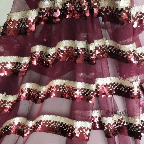 Gold black dark blue horizontal stripes sequins embroidered sequins mesh fabric Wedding dress fabric