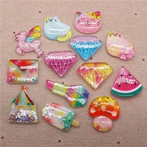 10pcs New Cute Resin Bling Bing Diamond/Cat/Food/Lipstick Miniature Figure Supply DIY Decoration Charm Craft