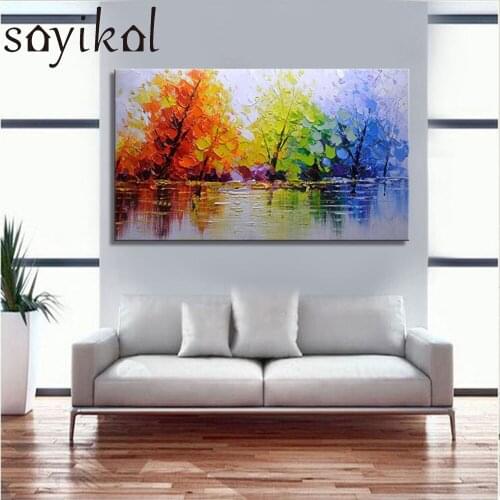 100% Hand Painted Abstract Colorful Tree Knife Modern Oil Painting On Canvas Handmade Picture Wall Art Home Decor Oil Paintings