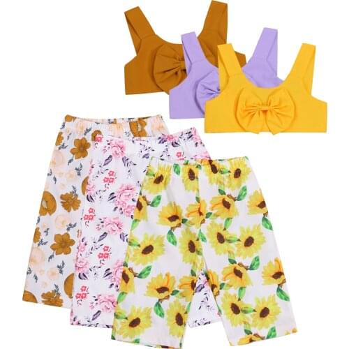 New 2 Pcs Infant Summer Outfits, Baby Girls Solid Color U-shaped Neck Tank Tops with Bowknot + Sunflower Print Trousers