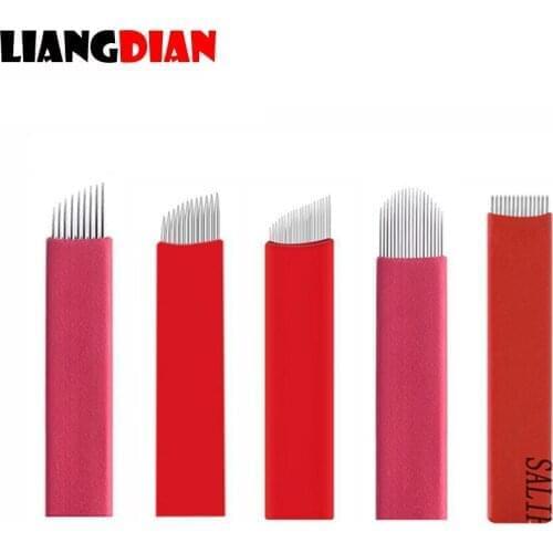 50PCS/lot Red 9 12 14 18 21 Pin Flat Slant Microblading Tattoo Needles Blade Cartridges For Permanent Eyebrow Makeup Manual Pen