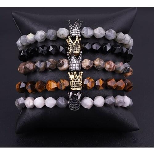Men Women Jewelry Bracelet Natural Stone CZ Pave Brass Crown Charm Beaded Woven Adjustable Bracelet Men Ladies