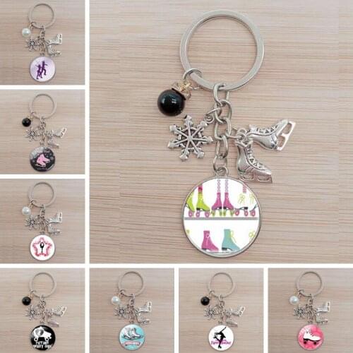 Creative Skate Mini Pendant Keychain Glass Dome Charm Key Ring Ski Lovers Souvenir Winter Rink Gift Man Woman Bag Fashion