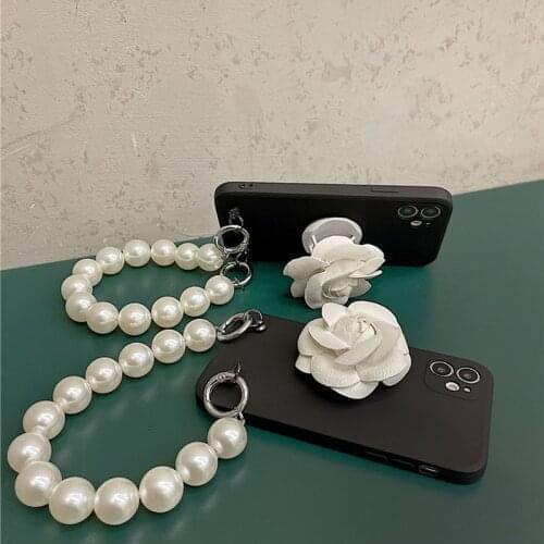 3D Camellia Flower Stand Holder Pearl Bracelet Chain Case Cover For Samsung Galaxy Note 20 10 9 8 S21 S20 FE Ultra S10/9/8 Plus