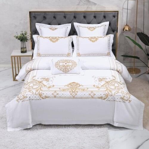 Pure White Bedding Set King Queen Size Chic Golden Embroidery Bedclothes Super Soft Cotton Duvet cover Bed Sheet Pillowcases