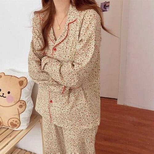New floral print pijamas women long sleeve trousers set autumn winter cotton womens pajamas home wear suit 2020 pyjama femme