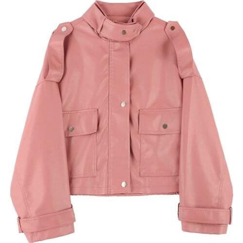Women Loose Pu Jacket Faux Soft Leather Chic Epaulet Zipper Big pocket Spring Casual Female Moto Biker Short Outwear Streetwear