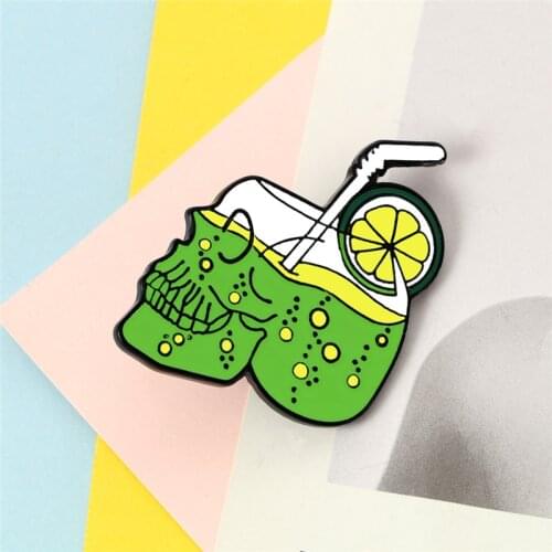 Summer Lemon Juice Drink Skull Brooches Gothic Skeleton Enamel Pin Backpack Clothes Button Lapel Pins Punk Badges Jewelry Gifts