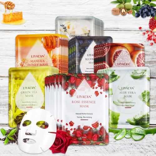 LIYALAN Facial Mask Beauty Whitening Hydrating Anti Acne Skin Care Natural Organic Green Tea Rose Aloe Vera Sheet Masks For Face