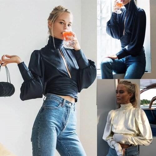 Fashion Women TurtleNeck Hollow Satin Shirt Casual Long Sleeve Office Lady Backless Tops Sexy Party Clubwear