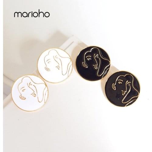 Fashion Abstract Line Human Face Enamel Stud Earrings Face Contour Black White Drip Glaze Round Earrings Simple Charm Jewelry
