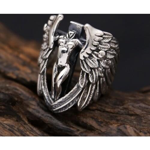 Gothic Punk Style Men Rings 925 Solid Sterling Silver Angle Wing Cross Wide Band Ring Cool Silver 925 Mens Designer Jewelry Gift